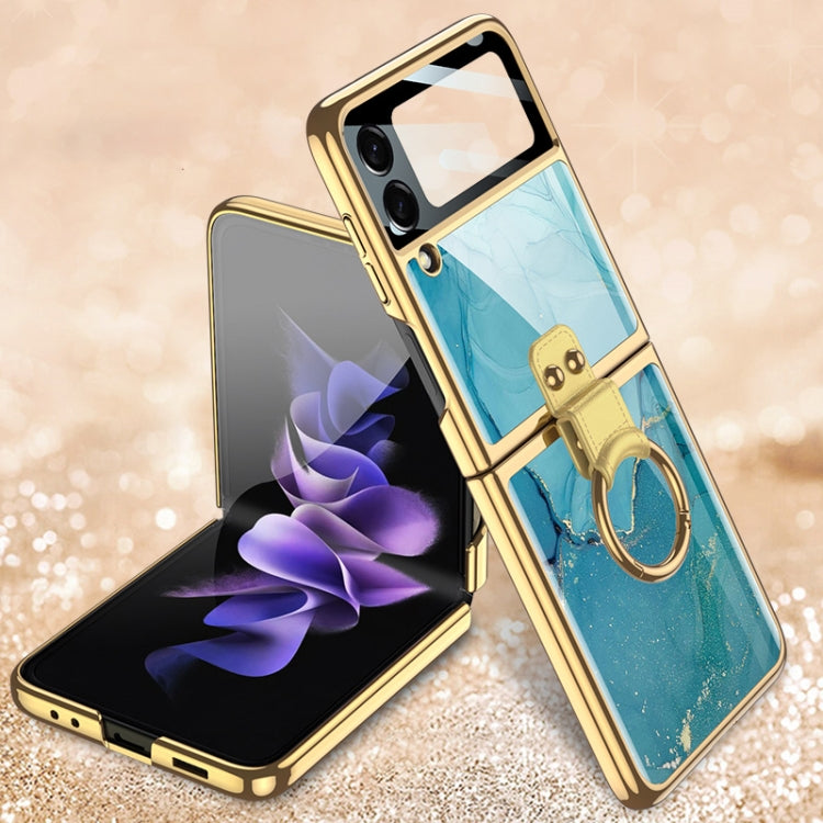 GKK Electroplating Tempered Glass Painted Phone Case with Ring Holder for Samsung Galaxy Z Flip3 5G (Lake Blue)
