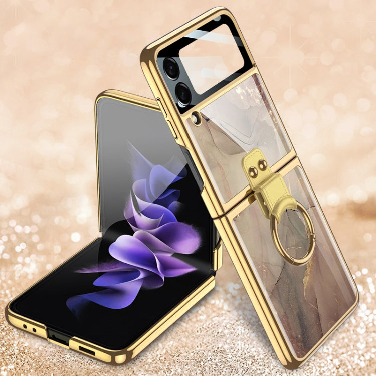 Champagne Gold GKK Tempered Glass Painted Phone Case with Ring Holder for Samsung Galaxy Z Flip3 5G