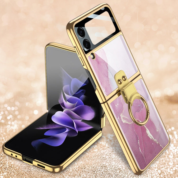 GKK Electroplating Tempered Glass Phone Case with Ring Holder for Samsung Galaxy Z Flip3 5G (Purple Pink)