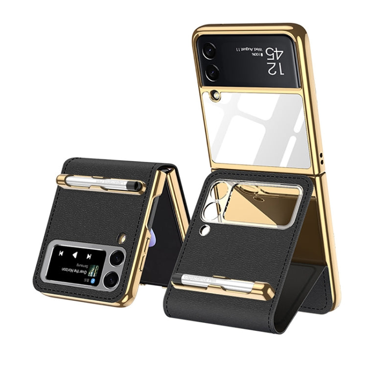 GKK Phone Folding Beauty Bag Leather Case for Samsung Galaxy Z Flip3 5G with Capacity Pen (Cool Black)