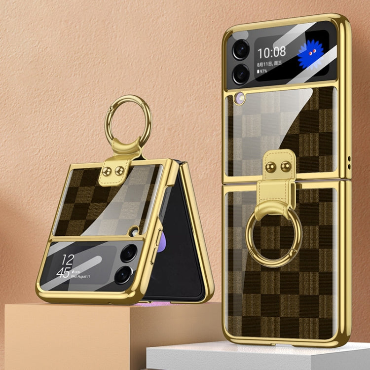 GKK Integrated Electroplating Painted Glass Phone Case with Ring Holder for Samsung Galaxy Z Flip3 5G, Chess Brown