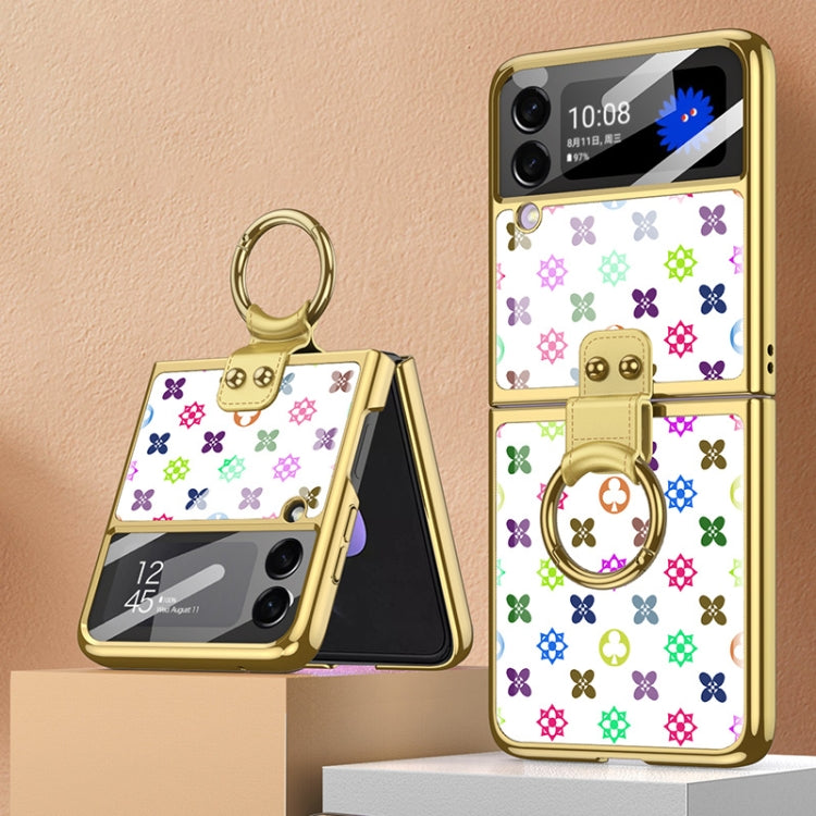 GKK Integrated Electroplating Painted Glass Phone Case with Ring Holder for Samsung Galaxy Z Flip3 5G (Grass Flower)