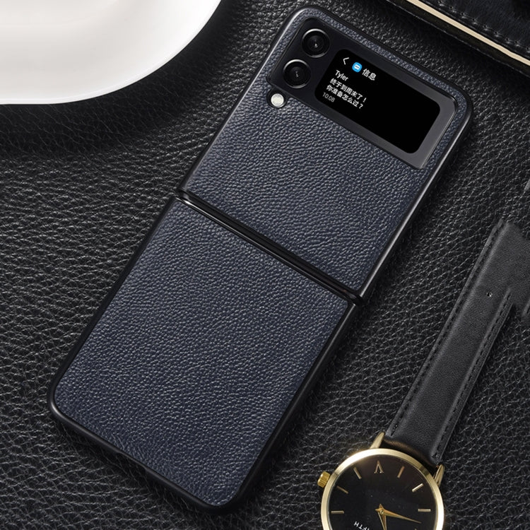 Genuine Leather Shockproof Phone Case for Samsung Galaxy Z Flip4 5G (Dark Blue)