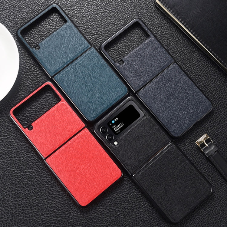 Genuine Leather Shockproof Phone Case for Samsung Galaxy Z Flip4 5G (Dark Blue)