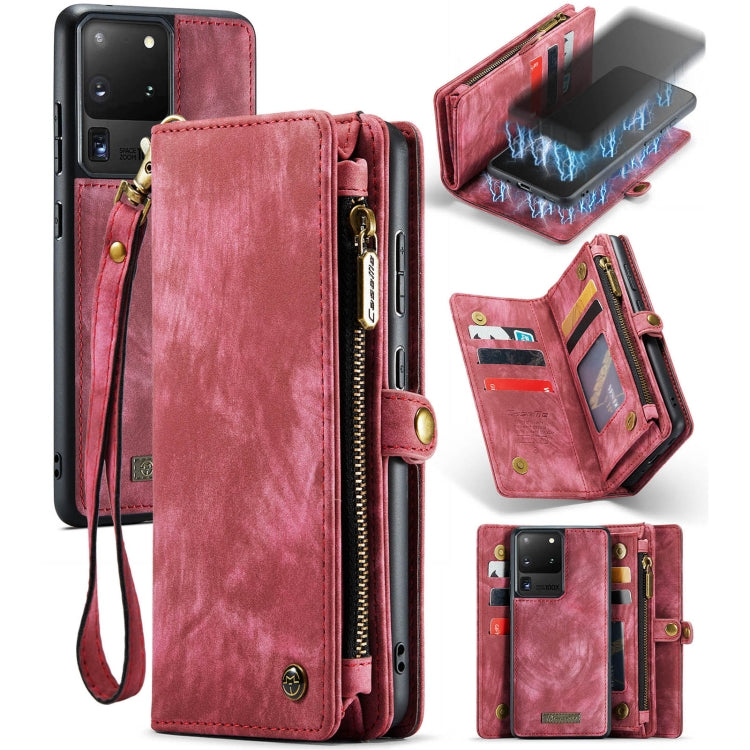 CaseMe Detachable Multifunctional Leather Case for Galaxy S20 Plus with Card Slot, Zipper Wallet, and Horizontal Flip Stand (Red)