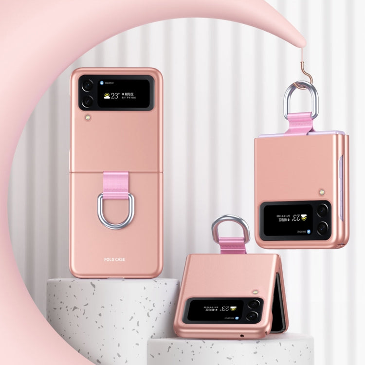 Skin Feel Folding Phone Case for Samsung Galaxy Z Flip4 with Drawstring Key Chain(Rose Gold)