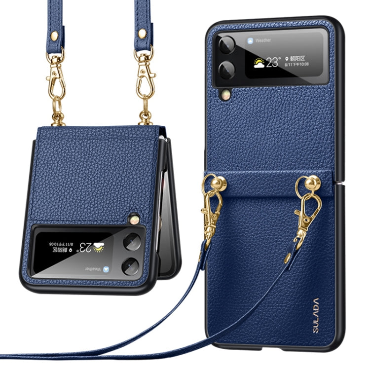 Elegant Blue Leather + TPU Phone Case with Strap for Samsung Galaxy Z Flip3 5G