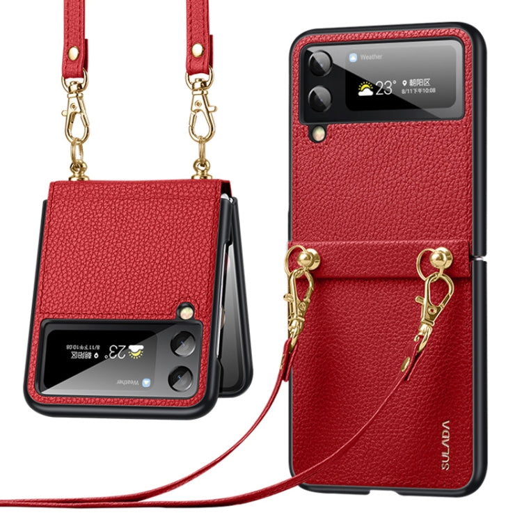 SULADA Litchi Texture Leather + TPU Phone Case with Strap for Samsung Galaxy Z Flip3 5G (Red)