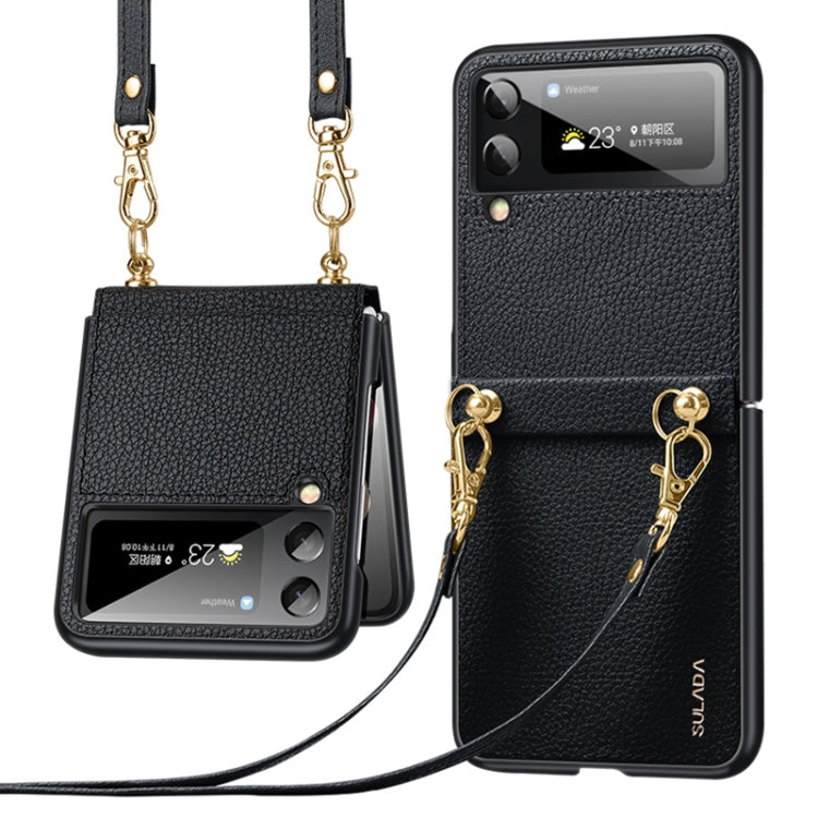 SULADA Litchi Texture Leather + TPU Phone Case with Strap for Samsung Galaxy Z Flip3 5G (Black)