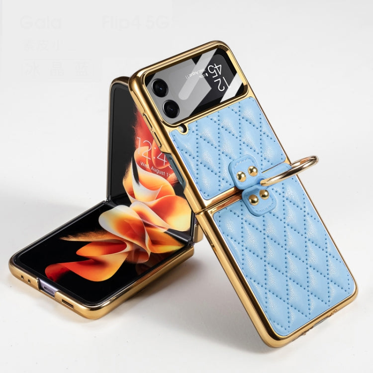 Blue GKK Integrated Plating + Leather Phone Case with Ring for Samsung Galaxy Z Flip4