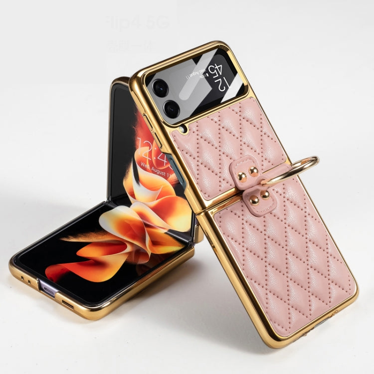 GKK Integrated Plating + Leather Phone Case with Ring for Samsung Galaxy Z Flip4 (Pink)