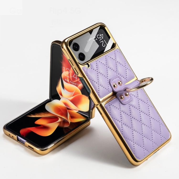 GKK Integrated Plating + Leather Phone Case with Ring for Samsung Galaxy Z Flip4 (Purple)