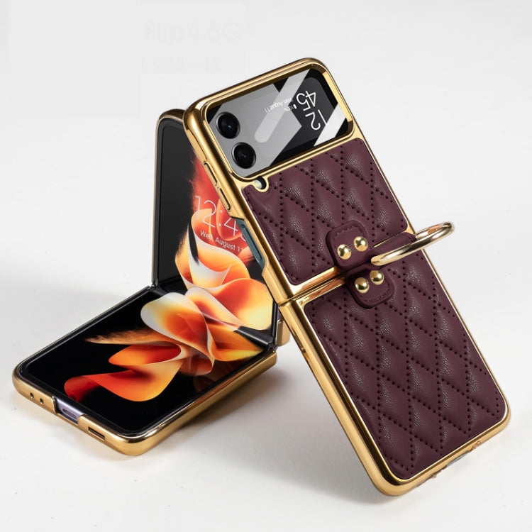 GKK Dark Red Plating + Leather Phone Case with Ring for Samsung Galaxy Z Flip4