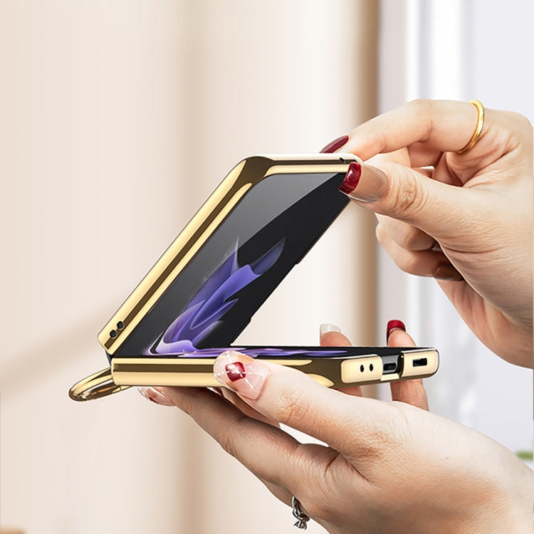 Blue GKK Integrated Plating + Leather Phone Case with Ring for Samsung Galaxy Z Flip4