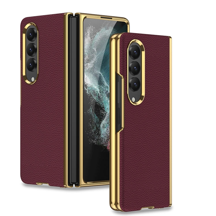 GKK Electroplating Leather Surface Phone Case for Samsung Galaxy Z Fold4 (Gold Brown)
