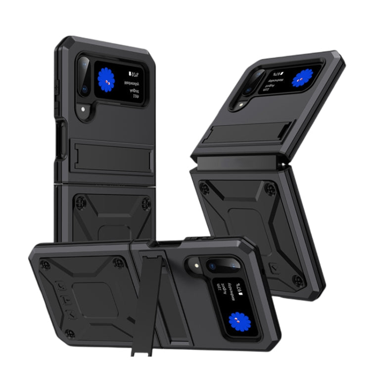 Metal Shock-proof Phone Case with Holder for Samsung Galaxy Z Flip4 (Black)