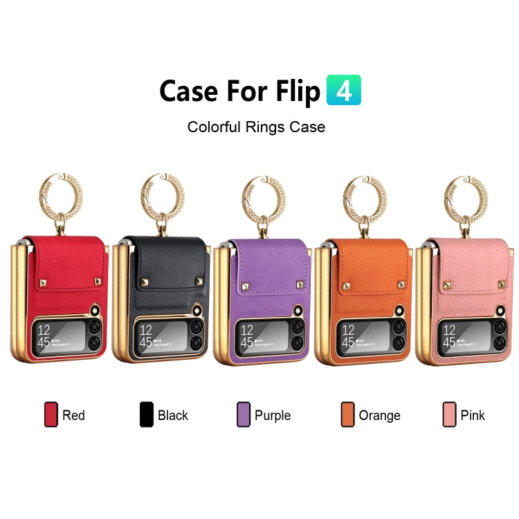 Colorful Leather + PC Phone Case with Ring for Samsung Galaxy Z Flip4 5G (Black)