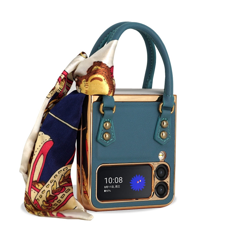 Elegant Handbag Design Green Leather + PC Phone Case for Samsung Galaxy Z Flip3 5G
