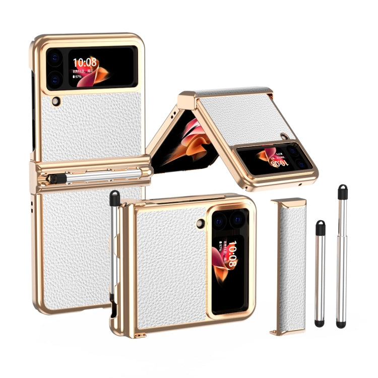 Luxe Gold White Leather Phone Case with Pen for Samsung Galaxy Z Flip4