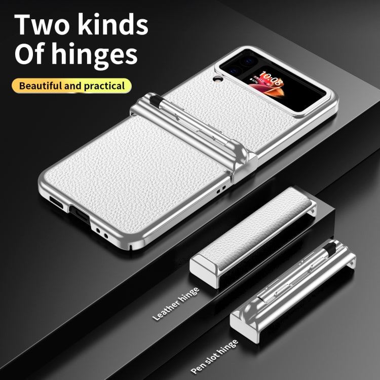 Luxe Silver White Leather Phone Case for Samsung Galaxy Z Flip4 with Pen