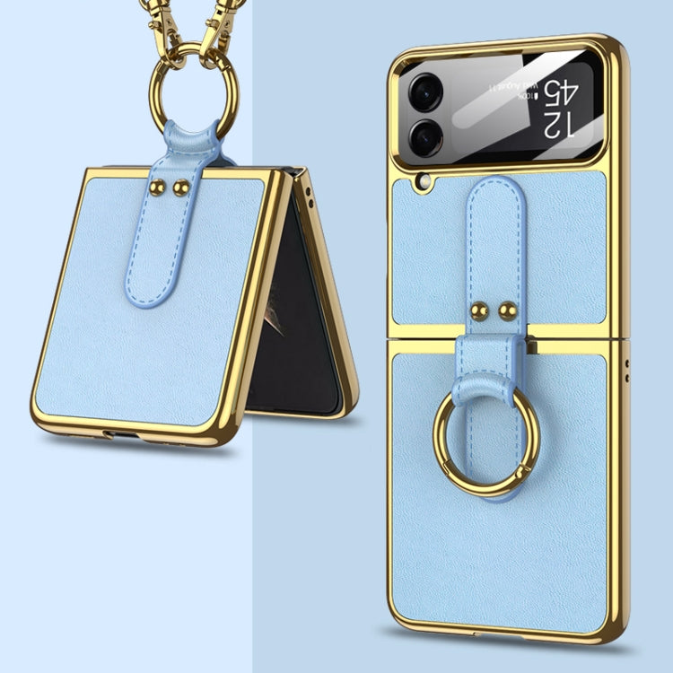 Blue GKK Plating + Leather Phone Case with Ring & Strap for Samsung Galaxy Z Flip4
