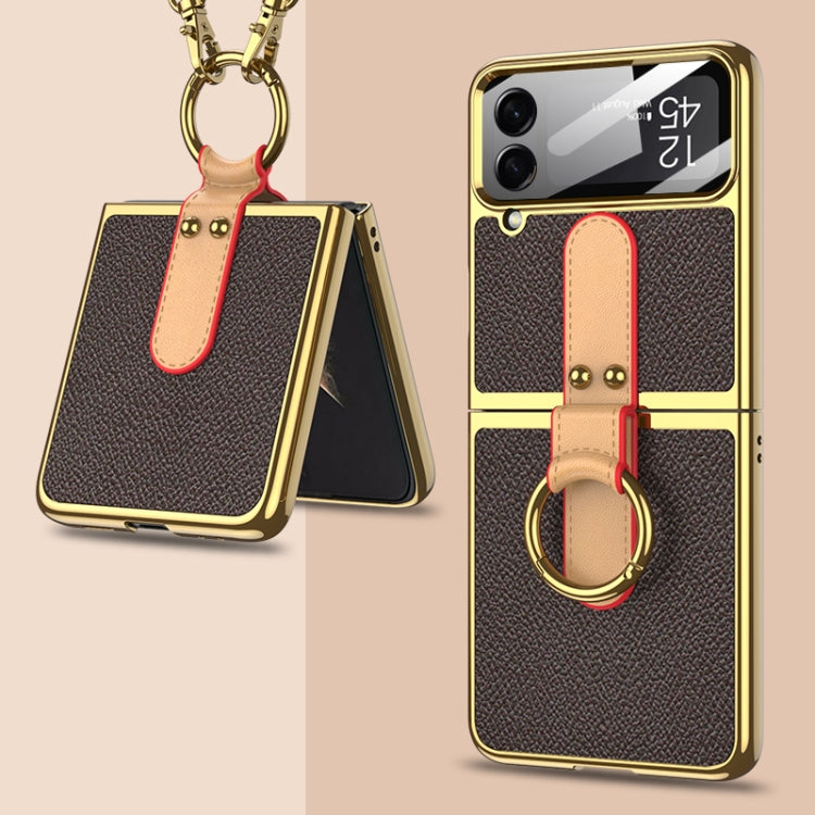 GKK Plating + Leather Phone Case with Ring & Strap for Samsung Galaxy Z Flip4 (Brown)