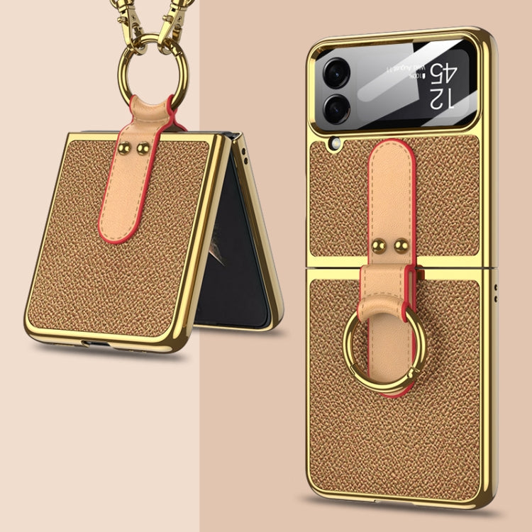 GKK Plating + Leather Phone Case with Ring & Strap for Samsung Galaxy Z Flip4 (Gold)