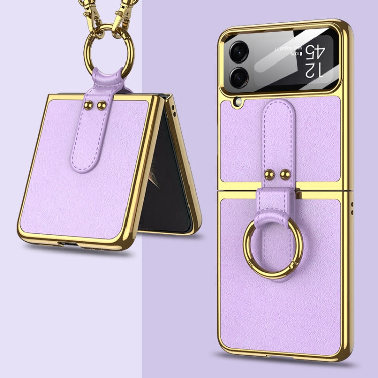 Purple Plating + Leather Phone Case with Ring & Strap for Samsung Galaxy Z Flip4