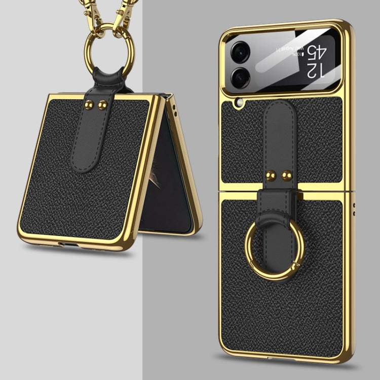 GKK Plating + Leather Phone Case with Ring & Strap for Samsung Galaxy Z Flip4 (Black)