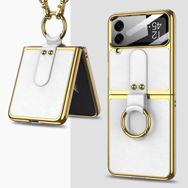 Samsung Galaxy Z Flip4 GKK Plating + Leather Phone Case with Ring & Strap - White