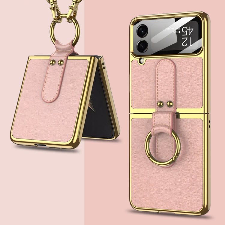 Samsung Galaxy Z Flip4 GKK Plating + Leather Phone Case with Ring & Strap (Pink)