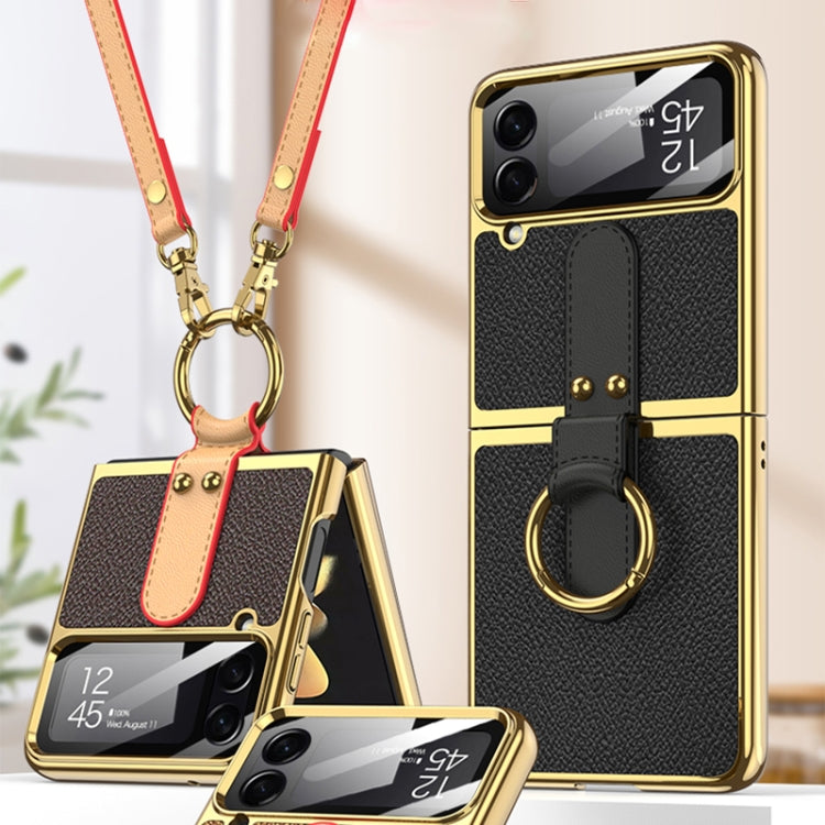 GKK Plating + Leather Phone Case with Ring & Strap for Samsung Galaxy Z Flip4 (Black)