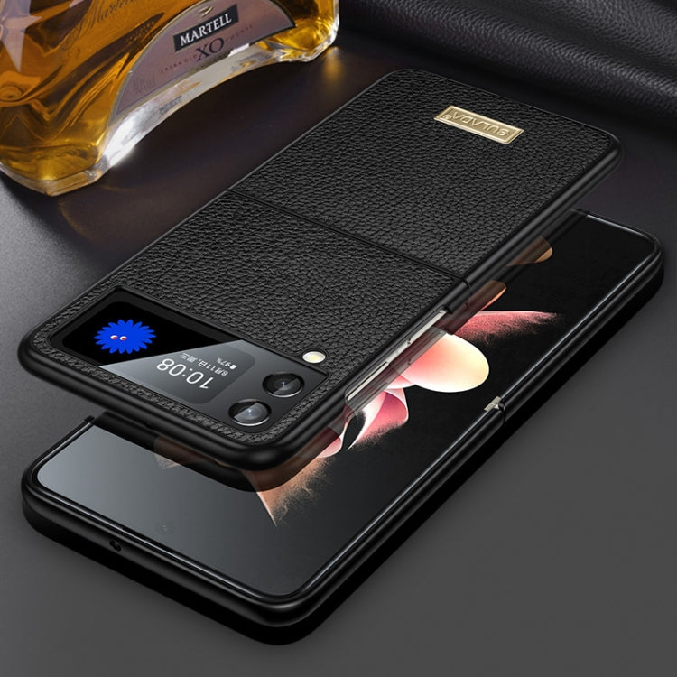 SULADA Shockproof TPU + Handmade Leather Phone Case for Samsung Galaxy Z Flip4 (Black)