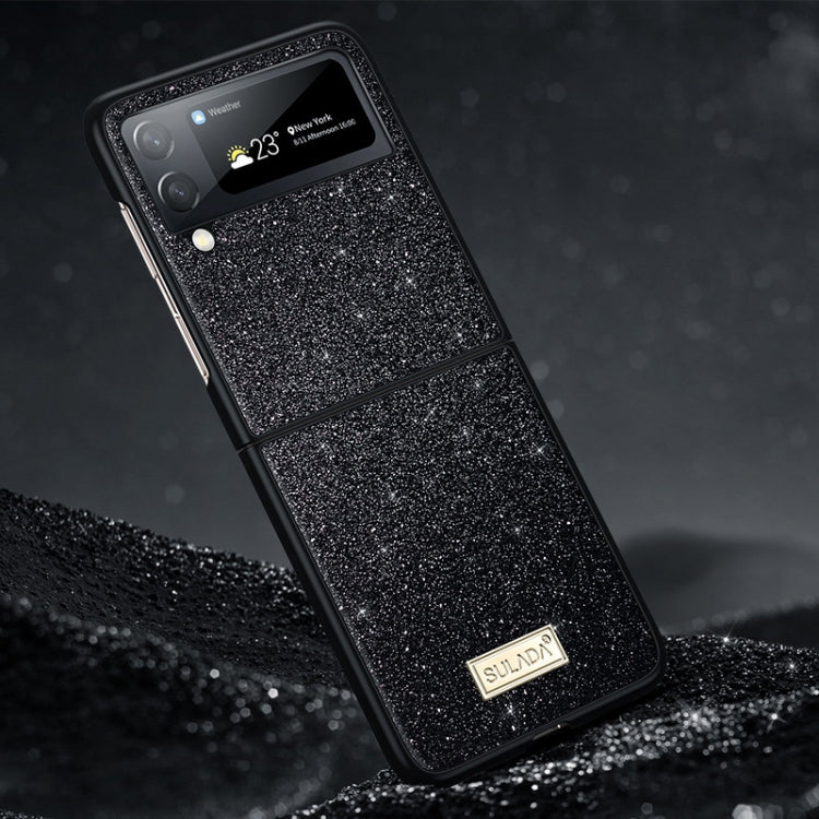 SULADA Shockproof TPU + Handmade Leather Phone Case for Samsung Galaxy Z Flip4 (Black)