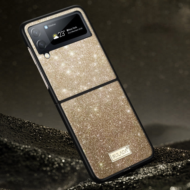 SULADA Shockproof TPU + Handmade Leather Phone Case for Samsung Galaxy Z Flip4 (Gold)