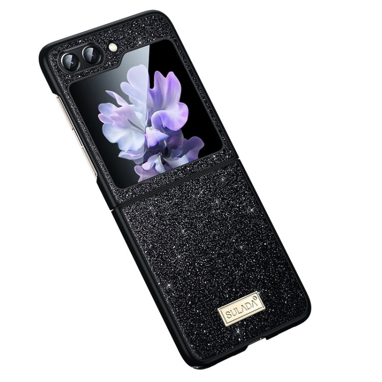 SULADA Shockproof TPU + Handmade Leather Phone Case for Samsung Galaxy Z Flip5 (Black)