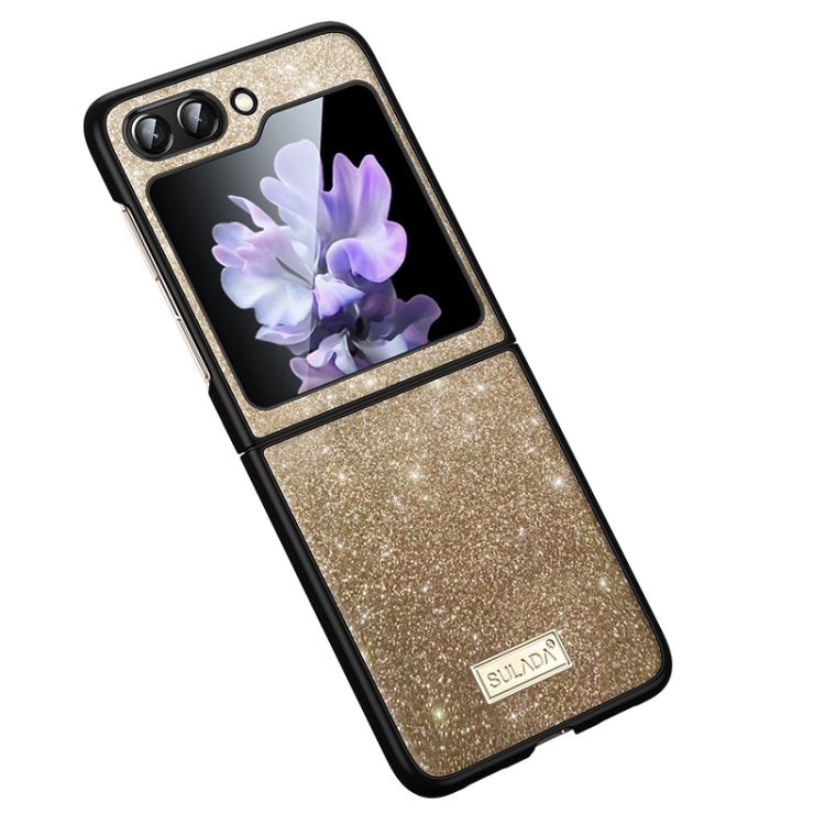 Samsung Galaxy Z Flip5 SULADA Shockproof TPU + Handmade Leather Phone Case(Gold) with Superior Wear Resistance