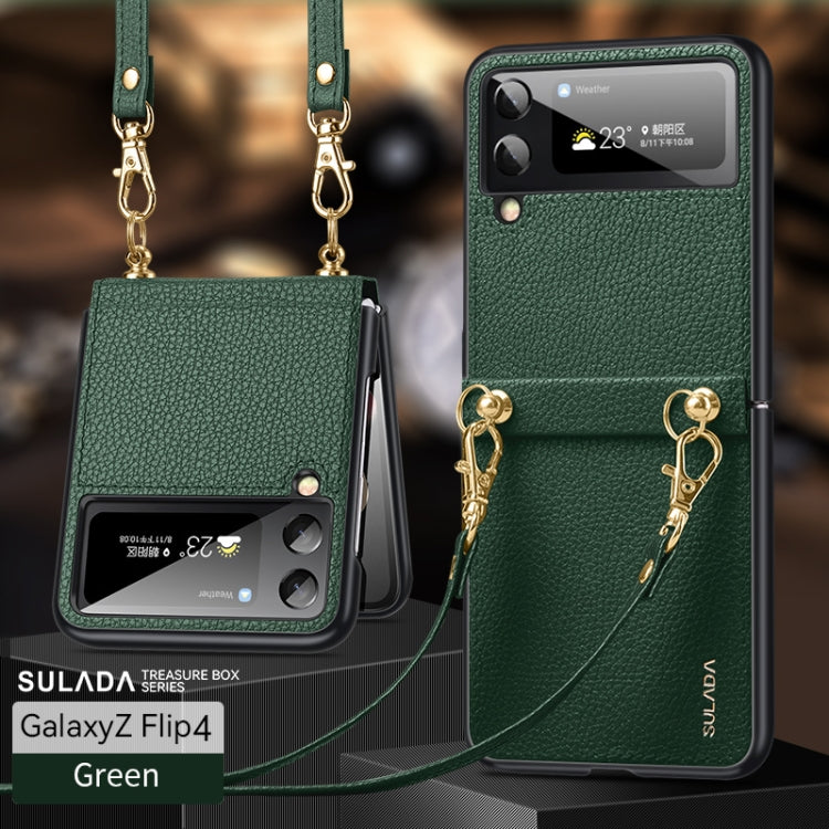 Green Litchi Texture Leather + TPU Phone Case with Strap for Samsung Galaxy Z Flip4