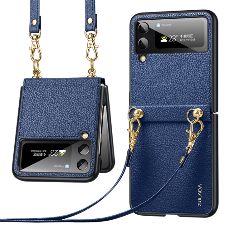 SULADA Litchi Texture Leather + TPU Phone Case with Strap (Blue) for Samsung Galaxy Z Flip4