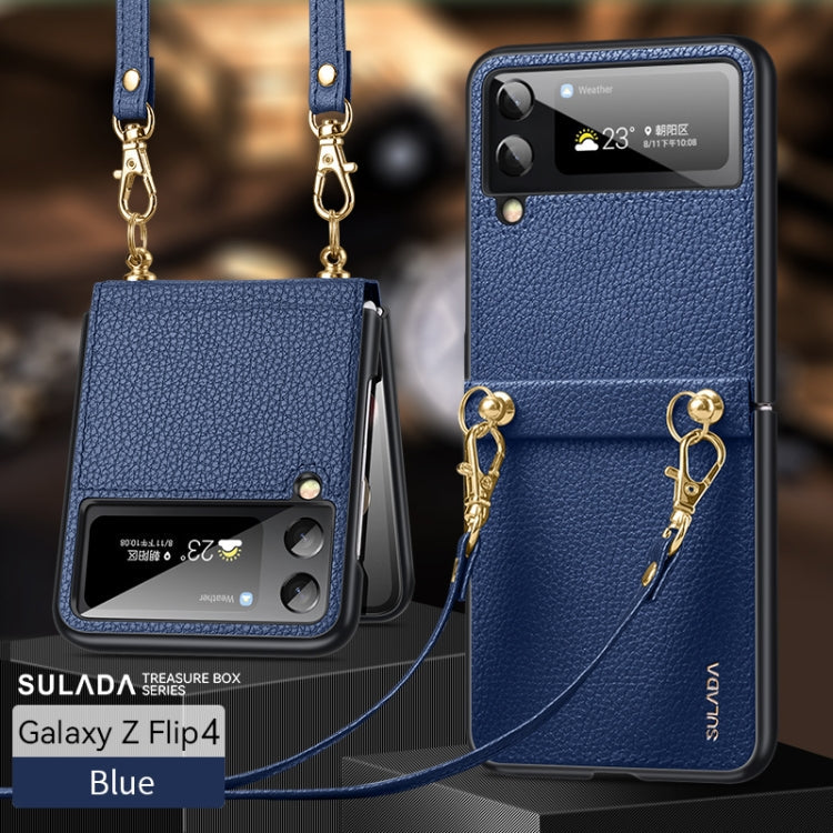 SULADA Litchi Texture Leather + TPU Phone Case with Strap (Blue) for Samsung Galaxy Z Flip4