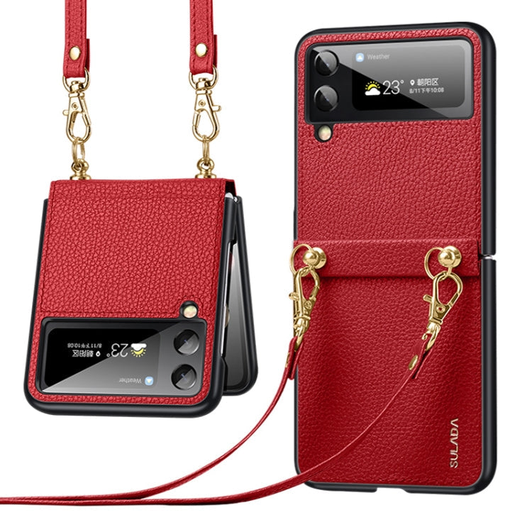 SULADA Litchi Texture Leather + TPU Phone Case with Strap for Samsung Galaxy Z Flip4 (Red)