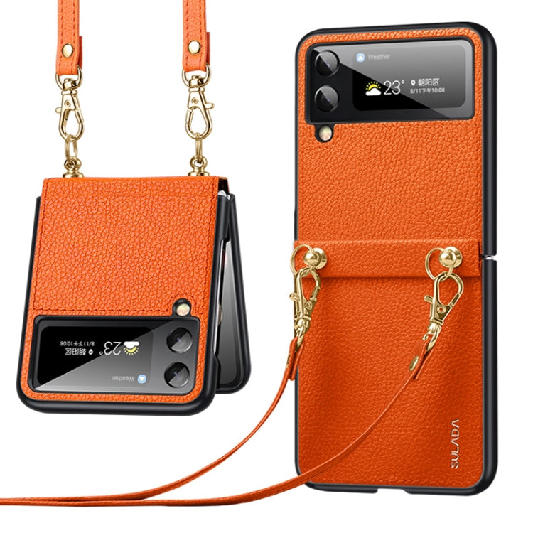 SULADA Litchi Texture Leather + TPU Phone Case with Strap for Samsung Galaxy Z Flip4 (Orange)