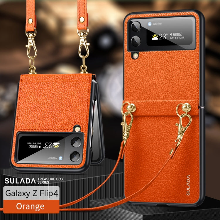 SULADA Litchi Texture Leather + TPU Phone Case with Strap for Samsung Galaxy Z Flip4 (Orange)