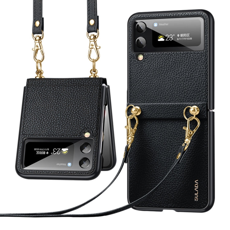SULADA Litchi Texture Leather + TPU Phone Case with Strap for Samsung Galaxy Z Flip4 (Black)