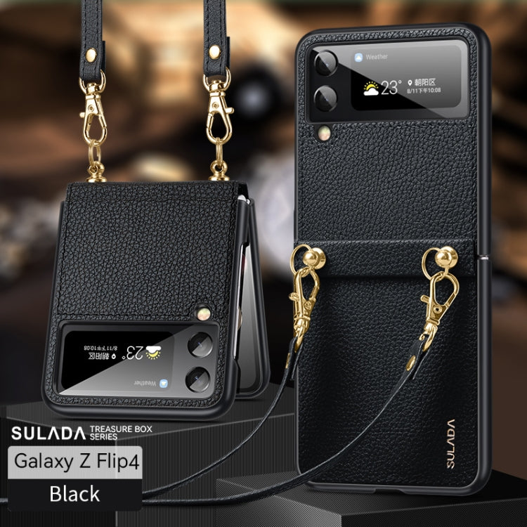 SULADA Litchi Texture Leather + TPU Phone Case with Strap for Samsung Galaxy Z Flip4 (Black)