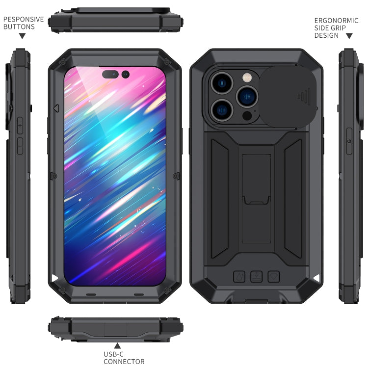 R-JUST Black Metal and Silicone Shockproof Waterproof Case for iPhone 14 Pro Max