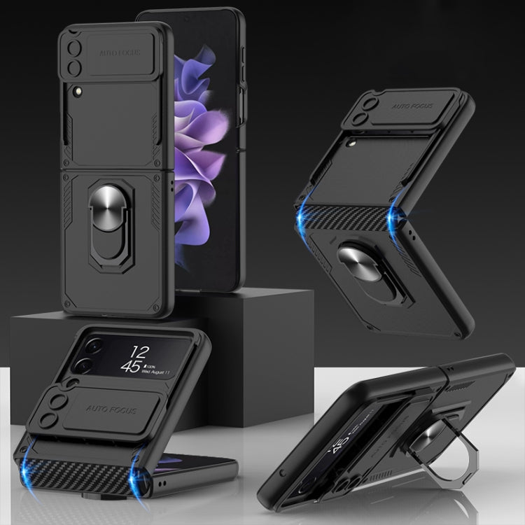 GKK Carbon Brazing Pattern Shockproof Armor PC Phone Case with Ring Holder for Samsung Galaxy Z Flip4 (Black)