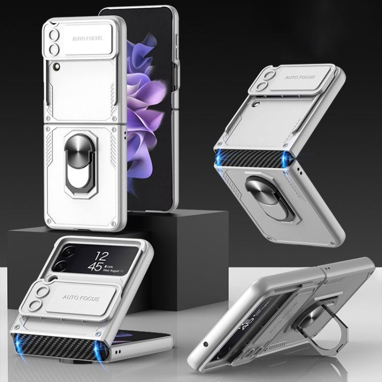 Samsung Galaxy Z Flip4 Carbon Fiber Shockproof Phone Case with Silver Ring Holder