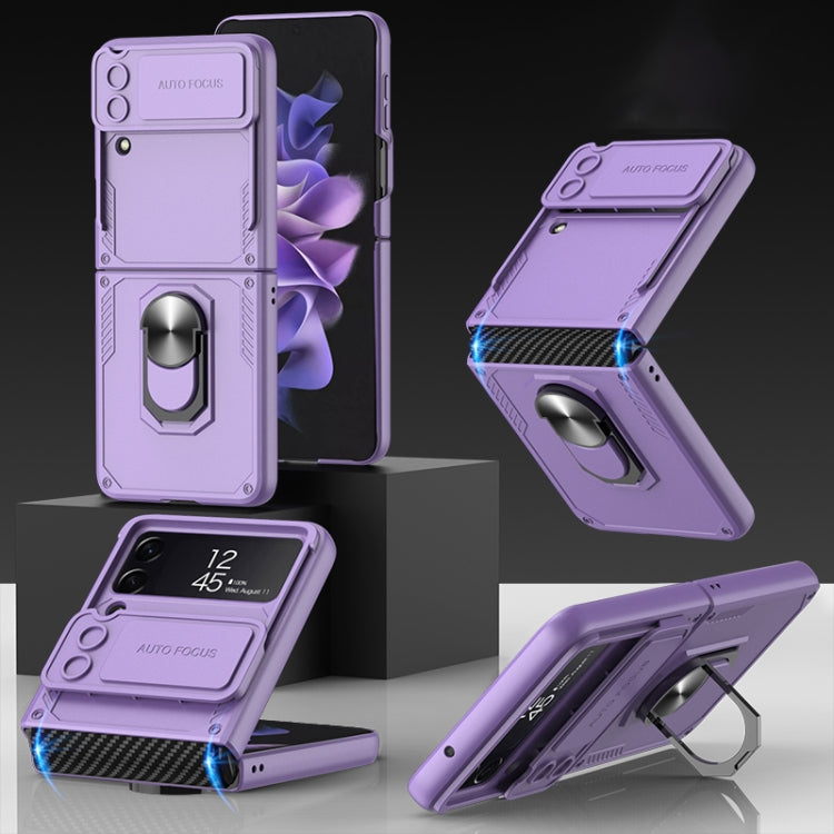 GKK Purple Carbon Pattern Shockproof Armor PC Phone Case for Samsung Galaxy Z Flip4 with Ring Holder