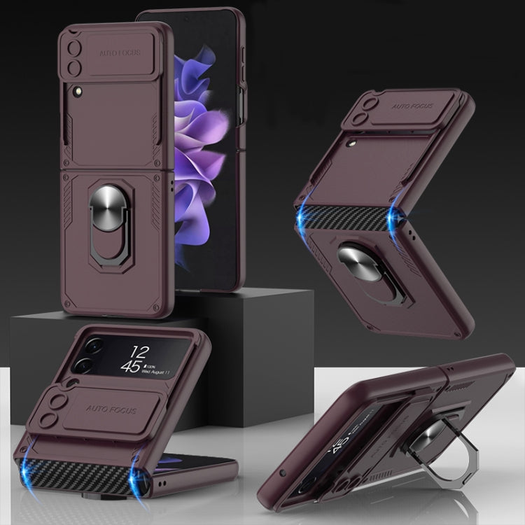 Samsung Galaxy Z Flip4 GKK Carbon Brazing Pattern Shockproof Armor PC Phone Case with Ring Holder - Wine Red